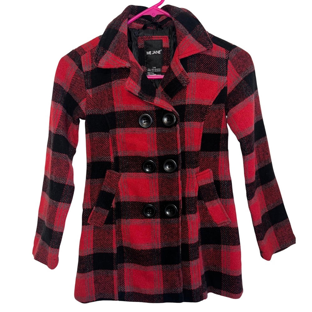 Me Jane Girls Red Black Buffalo Plaid Double Breasted Pea Coat Jacket Size 7/8